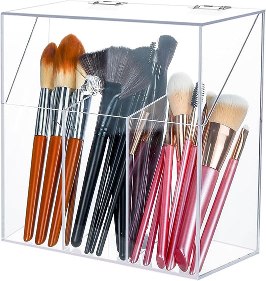 Acrylic Makeup Brush Holder with Lid - Clear Cosmetic Makeup Brush Organizer and Storage Box with Cover for Vanity - Large Capacity 3-Slots Container for Brushes (Clear)