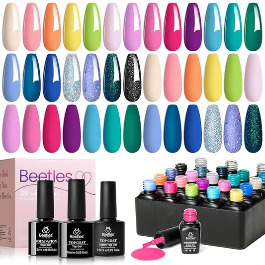 Beetles Gel Nail Polish Set- 23Pcs Summer Color Gel Polish with Base Gel Top Coat Bright Colors, Gel Polish Kit Blue Pink Purple Orange Green Glitter Soak Off Uv Led Trendy Rainbow Nail Art