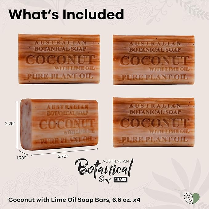 Australian Botanical Soap Coconut with Lime Oil 6.6 oz Luxury Soap Bars Enriched with Shea Butter, Pack of 4