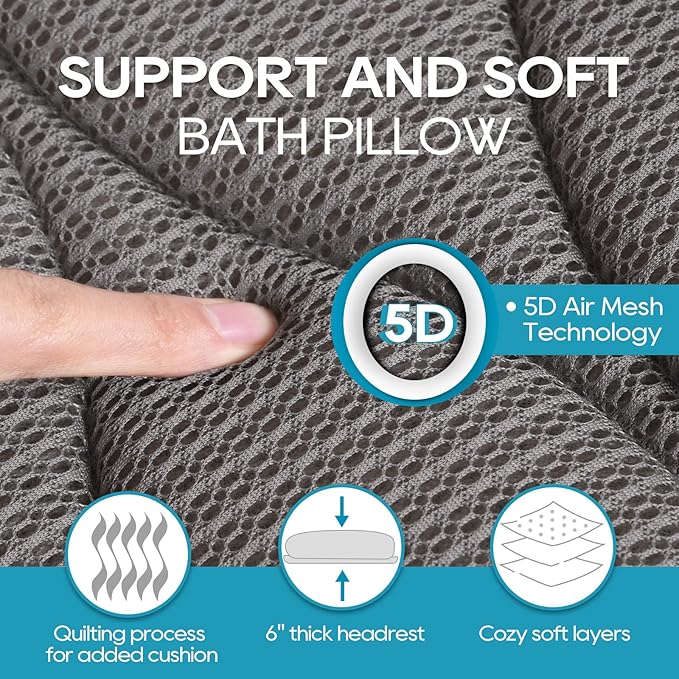 OMYSTYLE Full Body Bath Pillow, Bath Pillows for tub with Mesh Washing Bag & 21 Non-Slip Suction Cups, Spa Bathtub for Head Neck Shoulder and Back Support - 5D Air Mesh & Quick Drying | Gray