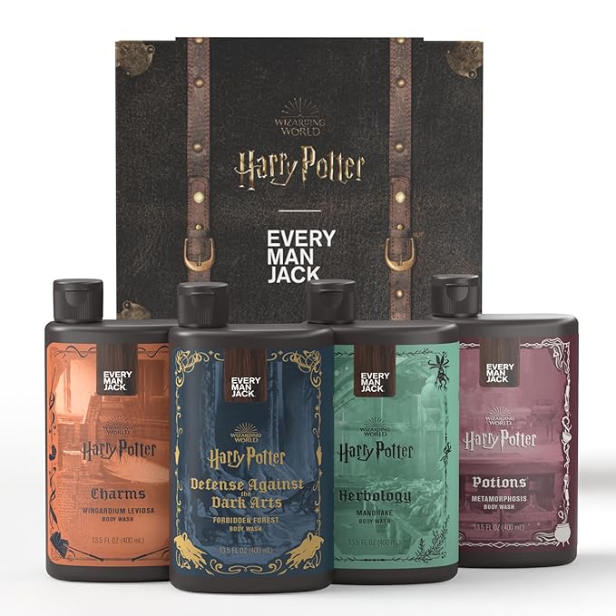 Every Man Jack Harry Potter Collectors Body Wash Gift Set - Includes 4 Body Washes with Clean Ingredients & Hogwarts Inspired Scents - Forbidden Forest, Charms, Herbology, Potions
