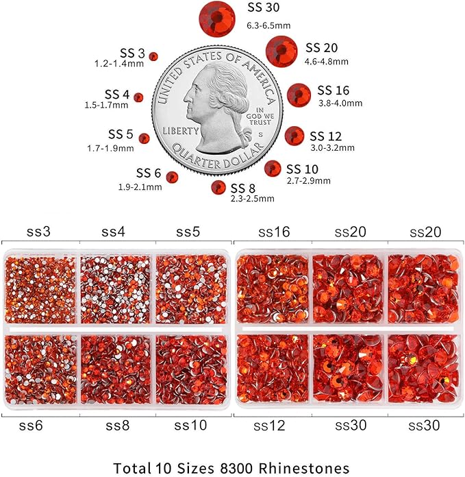 Beadsland 8300PCS Flatback Rhinestones, Orange Rhinestone Nail Gems Round Crystal Rhinestones for Crafts, Mixed 10 Sizes with Wax Pencil and Tweezer Kit, SS3-SS30, Hyacinth