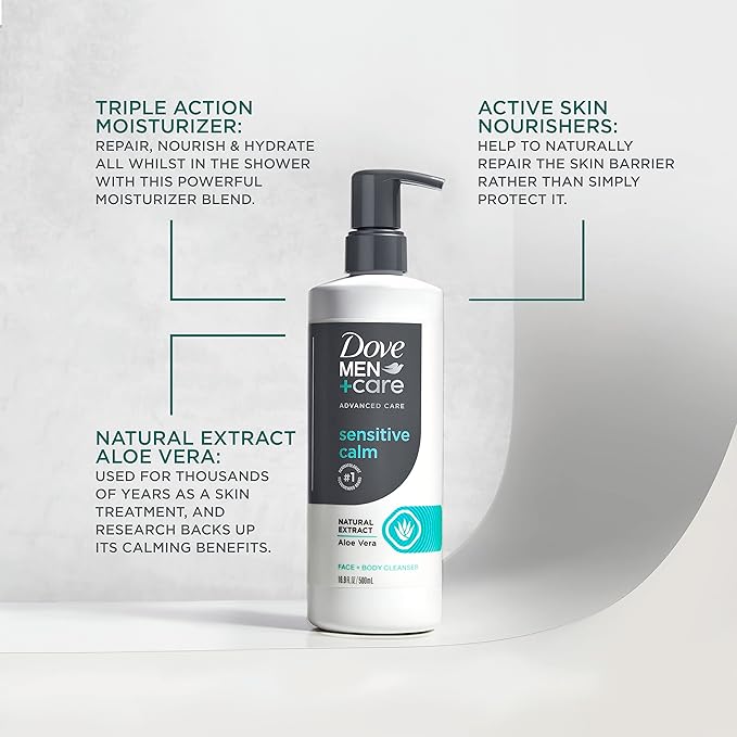 DOVE MEN + CARE Advanced Care Face + Body Cleanser Sensitive Calm 3 Count for Sensitive Skin Body Wash with Natural Extract Aloe Vera 16.9 oz