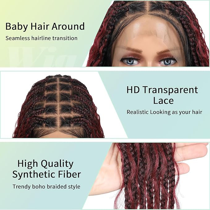 18" 13x8 Inch HD Lace Front Boho Box Braided Wigs With Cruls Ends Short Knotless Box Braid Wig for Women Full Braided Lace Front Wig With Baby Hair Burgundy Natural Color