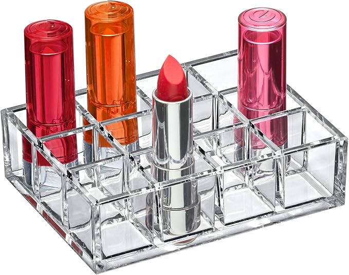 Amazing Abby - Allure - 12-Slot Acrylic Lipstick Organizer, Lipstick Holder, Lip Gloss Holder, Cosmetic Storage Display, Perfect Storage Solution for Drawer and Vanity (Slot Size: 1.0" x 1.0")
