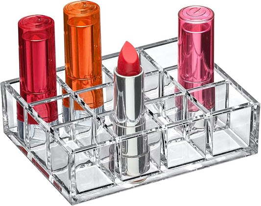 Amazing Abby - Allure - 12-Slot Acrylic Lipstick Organizer, Lipstick Holder, Lip Gloss Holder, Cosmetic Storage Display, Perfect Storage Solution for Drawer and Vanity (Slot Size: 1.0" x 1.0")