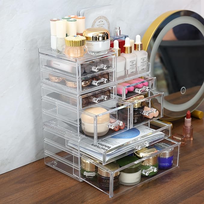 Cq acrylic 3 Pack Clear Make Up Organizers for Vanity With 8 Drawers,Stackable Skincare Organizer and Cosmetic Storage Organizer for Jewelry,Lipstick,Beauty,Skin Care,Vanity Organizers and Storage