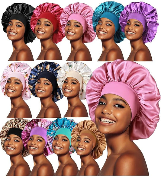 12pcs Large Satin Bonnets for Sleeping, Silky Hair Bonnet for Black Women Braid Curly Hair
