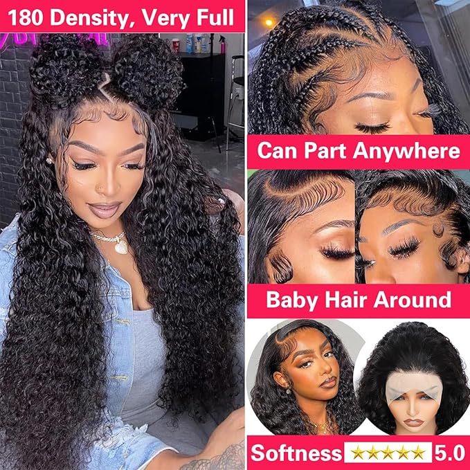 34 Inch13x6 Deep Wave Lace Front Wigs Human Hair 180% Density 13x6 HD Lace Deep Curly Glueless Frontal Wigs Human Hair Pre Plucked for Women Wet and Wavy Glueless Wigs Human Hair