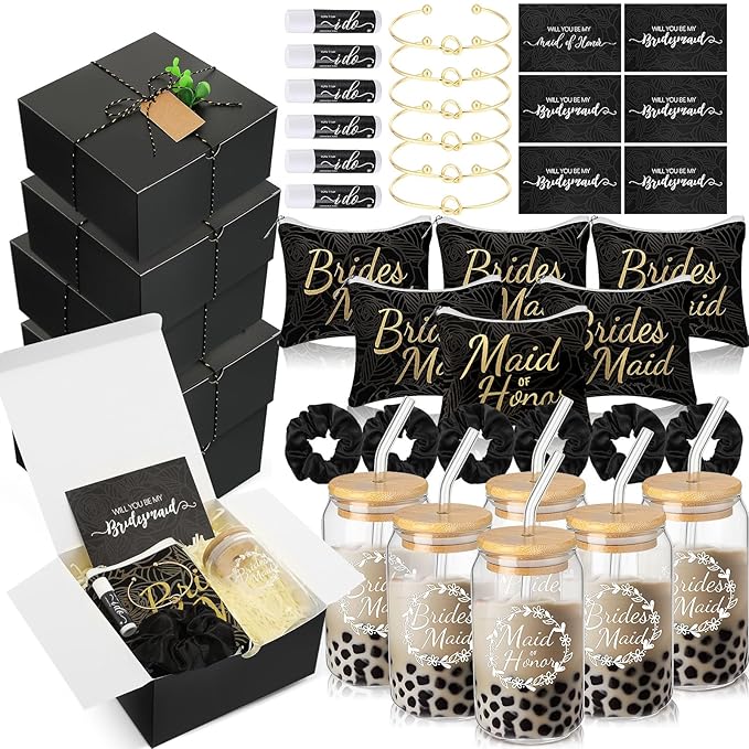 54 Pcs Bridesmaid Proposal Gifts Bridesmaid Box Set Include Bridal Shower Gift Box Makeup Bag Invited Card Glass Cup Lip Balm Scrunchie Hair Knotted Bracelet for Maid of Honor(Black)