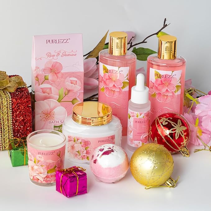 Rose & Jasmine Floral Luxury Bath & Body Gifts - Spa Basket with Body Lotion, Soy Candle - Home Bath Gift Set for Women