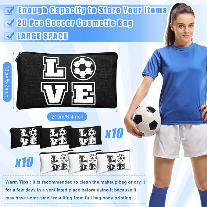 Amylove 20 Pieces Soccer Makeup Bag Gifts Soccer Cosmetic Travel Bag with Words Toiletry Zipper Pouch Portable for Women Football Lover Players Team Accessories