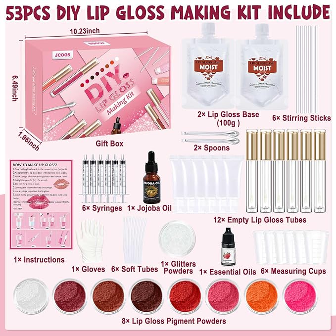 JCOOS Diy Lip Gloss Kit, Lip Gloss Making Kit, LipGloss Making Kit Make Your Own Lip Gloss Making Supplies, Shimmery LipGloss Base, Empty Tubes, Jojoba Oil, Women Teen Girl Gifts Trendy Stuff