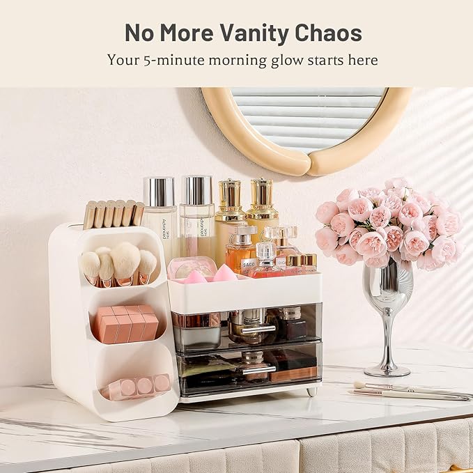 Aveniee Makeup Organizer with Drawers for Vanity, Big Cosmetic Display Case with Makeup Brush Holder, Bathroom Coutertop Organizers and Storage for Skincare Beauty Essentials (White)