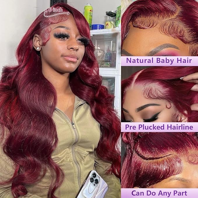36 Inch 99J Burgundy Lace Front Wigs Human Hair 13x6 Lace Front Wigs Human Hair Body Wave HD Transparent with Baby Hair Red Wine Glueless Lace Front Wigs Human Hair Wigs for Women 180 Density