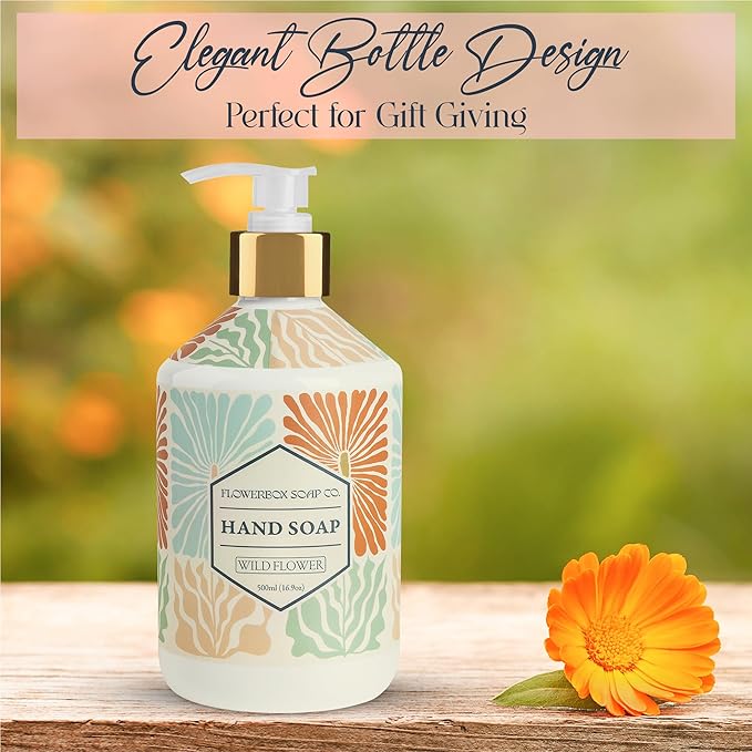 FlowerBox Liquid Hand Soap Set –Beautiful Pack of 4 Scented Pump Soaps –Bathroom & Kitchen Luxury Decorative 500ml Italian Mosaic Bottles–Meyers Refillable Dispensers–Works for Bath and Body Wash Gift