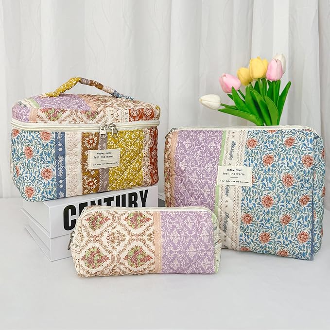 3Pcs Cotton Quilted Makeup Bag for Women Girls, Large Floral Cosmetic Bag Set Cute Makeup Brushes Aesthetic Accessories Storage Bag Travel Toiletry Bag Organizer for Women