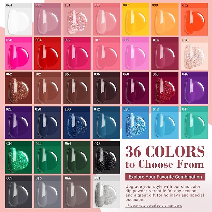 AZUREBEAUTY 170Pcs Dip Powder Starter Kit, 36 Spring Summer Blue Yellow Pink Neon Color Dipping Powder With Essential Liquid Set for French Nail Art Manicure Salon DIY Home