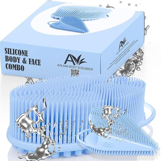 Avilana Body and Face Scrubber Combo – Includes Dual-Sided Body Scrubber and Gentle Face Scrubber – Hygienic, Long-Lasting, and Gentle for Body and Face (Blue with Silver)