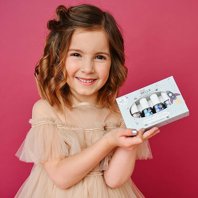 MISS NELLA SPACE COLLECTION Metallic Nail Polish for kids, set of 4 varnishes: silver, bronze, purple & blue, Peel- Off varnish for toddlers