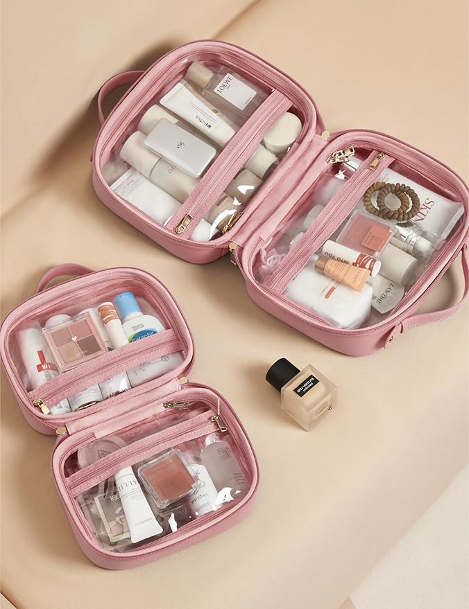 Clear Cosmetic Bag Double Layer 4 Compartments Travel Toiletry Bag Clear Makeup Case with Zipper Transparent Travel Bag for Toiletries, TSA Approved, Gift for Women Girls (Pink)