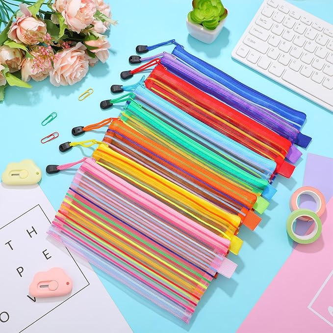 80 Pcs Mesh Zipper Pouch Bulk Multicolor Pencil Storage Pouch Multipurpose Mesh Cosmetics Bags Toiletry Makeup Bags for Office Travel Organization(Elegant Color)