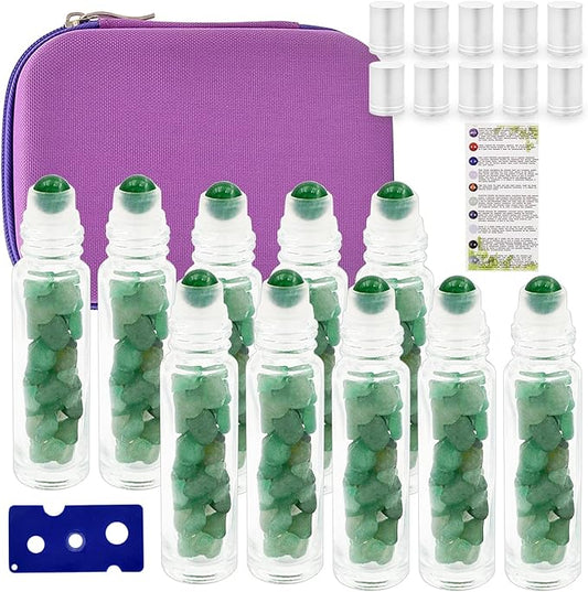 Essential Oil Roller Bottle 10ml w EVA Carrying Travel Case（Clear Glass Bottle with silver Cap、10pack、Gemstone Roller Balls、Crystal Chips Inside、Opener Gemstone Roller Ball Bottles