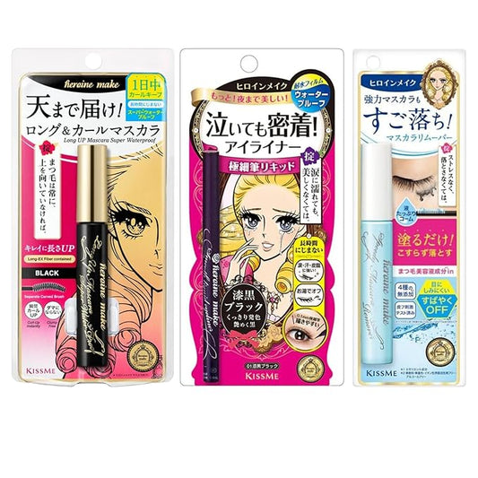 HEROINE MAKE by KISSME Trio Set, 3 Full-Size, Waterproof Lengthening & Volume FiberTubing Black Mascara + Smooth Liquid Black Eyeliner, Smudge-free + Gentle Eye Makeup Remover for Waterproof Mascara