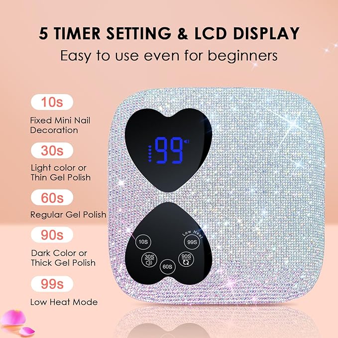 UV LED Nail Lamp Cordless, HUITINE 80W Rechargeable UV Light for Gel Nails, Professional Gel Light Dryer with 5 Timers & Mirror Base, Sparkling Rhinestones Diamond Curing Lamp for Salon & Home