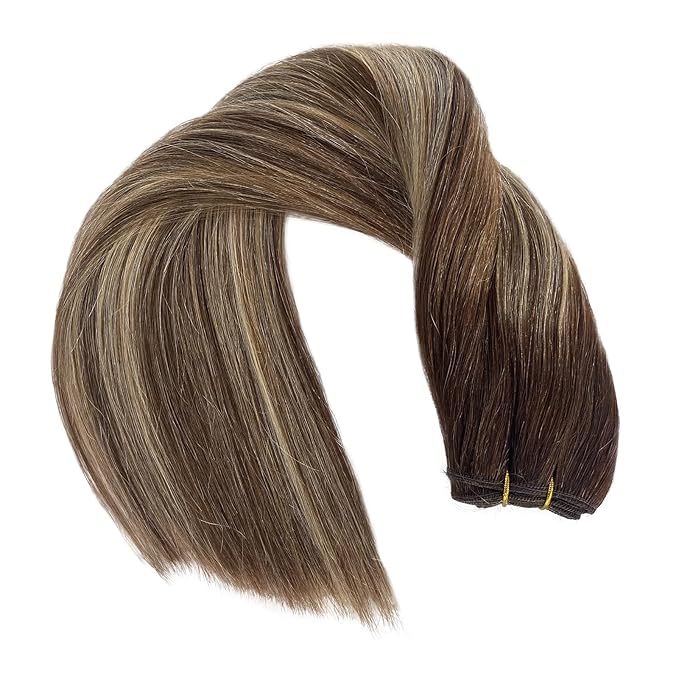 Sew in Hair Extensions Real Human Hair, 20 Inch Weft Hair Extensions Human Hair 100G Ombre Brown Balayage Caramel Blonde Hand-Tied Weft Hair Extensions Weave Bundles Human Hair Extensions for Women