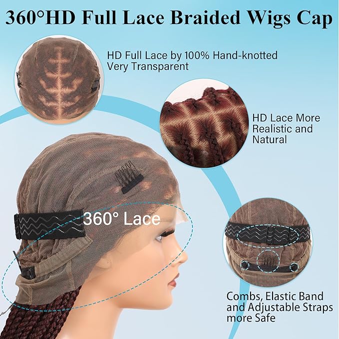360° HD Full Lace Knotless Braided Wigs for Women Box Braid Wig with Curly End Braided Lace Front Wigs Hair Human Hair Blended Braid Wig with Baby Hair Burgundy 36Inch