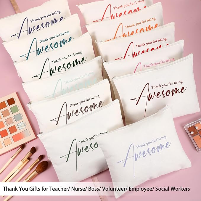 Buryeah 24 Pcs Thank You Cosmetic Bags for Women Thank You for Being Awesome Makeup Bags Bulk Employee Appreciation Pouches for Student Teacher Team Coworker Assistant Gift(White)