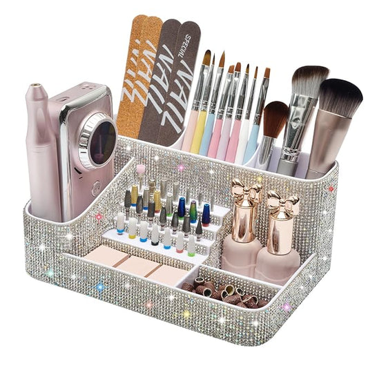 ANRUI Nail Drill Bit Holder, 28 Holes Plastic Nail Drill Machine & Bits Storage Case, Professional Nail Desk Organizer for Manicure Tools Gift for Women and Girls- Sparkling Diamond