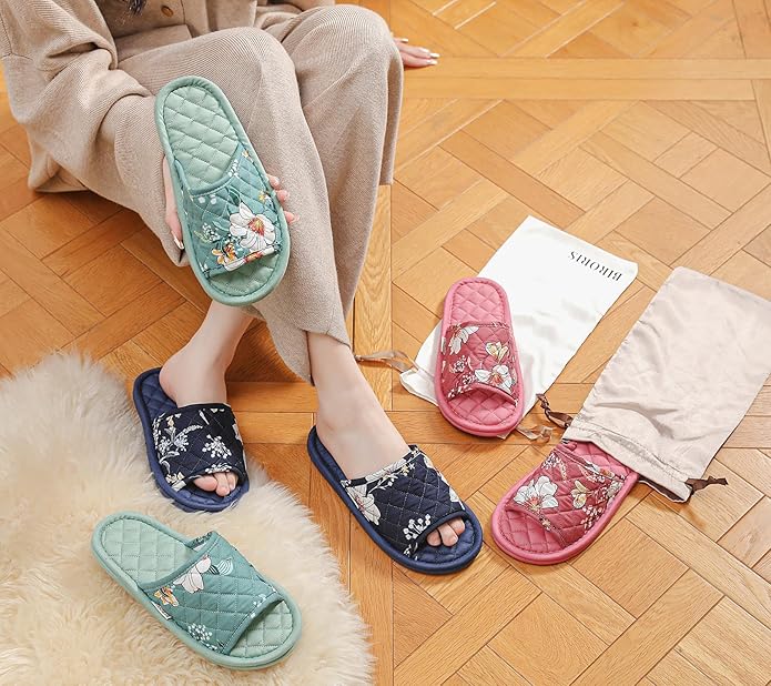3 Pairs Floral Cotton House Slippers for Women, Open Toe Indoor Slippers Comfortable Washable Portable Foldable Guest Travel Hotel Airplane Spa Slippers