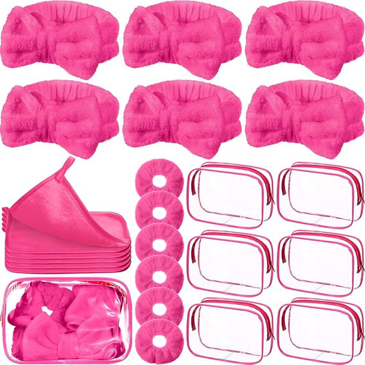 24 Pieces Sleepover Party Supplies Spa Party Favors 6 Spa Headband 6 Velvet Scrunchies 6 Makeup Remover Cloth 6 Clear Cosmetic Bags for Slumber Gift(Rose Red)