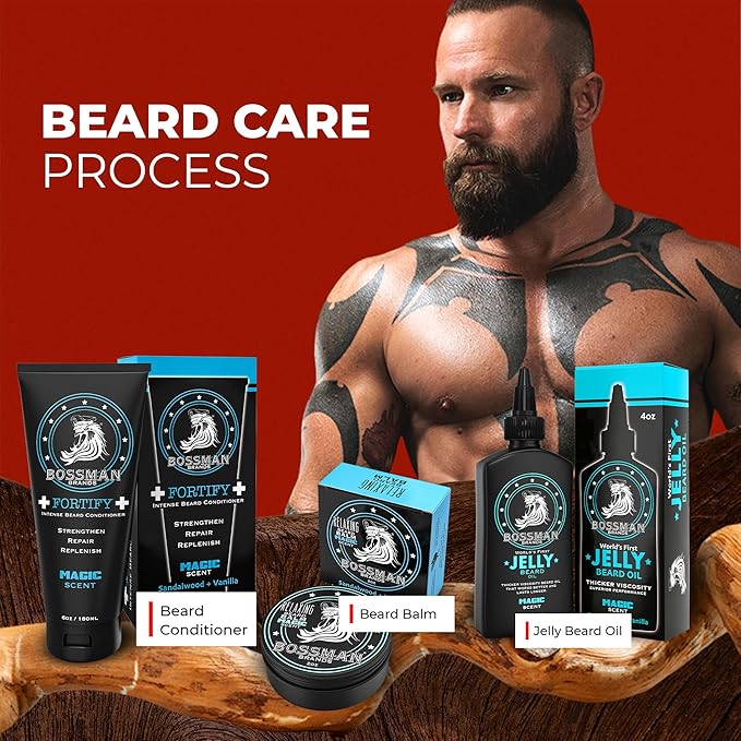 Bossman Essentials Beard Kit for Men - Beard Oil Jelly, Fortifying Conditioner Cream, Beard Balm - Grooming Growth Care Accessories (Magic)