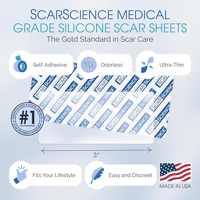 Medical Grade Silicone Scar Sheets, Small 3" Water-Resistant Silicone Scar Strips for Surgical Scars, 8 Breathable Silicone Gel Sheets for Scars w/Case