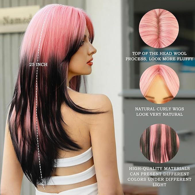 7JHH WIGS Long Wavy Wig Pink and Black Layered Wig with Curtain Bangs, Synthetic High Density Heat Resistant Hair Straight Wig ends dyed black for Daily Party 25 Inches