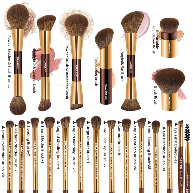 MAANGE 20 Pcs Makeup Brushes with Gift Box, Double-End Multi-functional Makeup Brushes for Blending Liquid Powder Concealer Cream Blush Buffe,Coffee Gold
