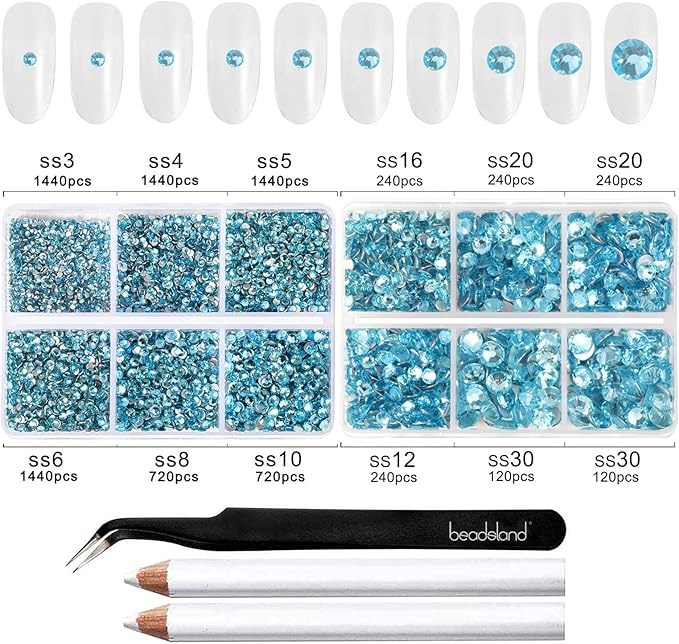 Beadsland 8300PCS Flatback Rhinestones, Blue Rhinestone Round Crystal Rhinestones for Crafts, Mixed 10 Sizes with Wax Pencil and Tweezer Kit, SS3-SS30, Aquamarine