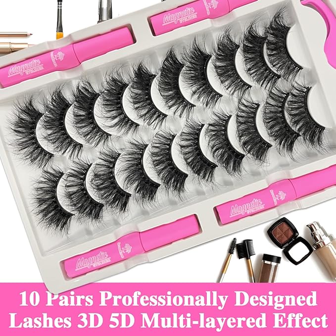 Magnetic Eyelashes with Eyeliner Kit, Fluffy Mink Lashes Cat-Eye Look 18-21MM Wispy Long 8D Luxury Volume Fake Eyelash 10 Pairs Cruelty-Free&Vegan