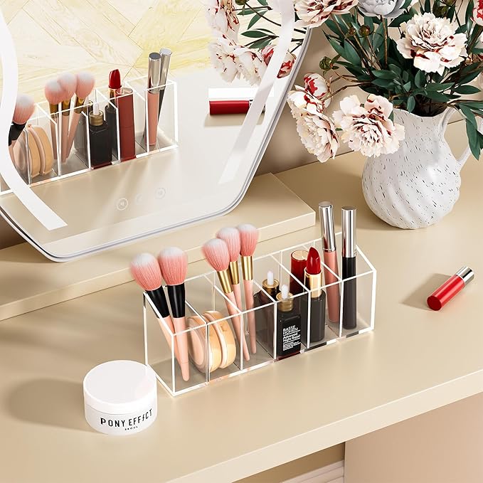 Acina 2PCS Clear Makeup Brush Holder Organizer, Acrylic Cosmetic Brushes Storage with 4 Slots, Eyeliners Display Case for Vanity Countertop