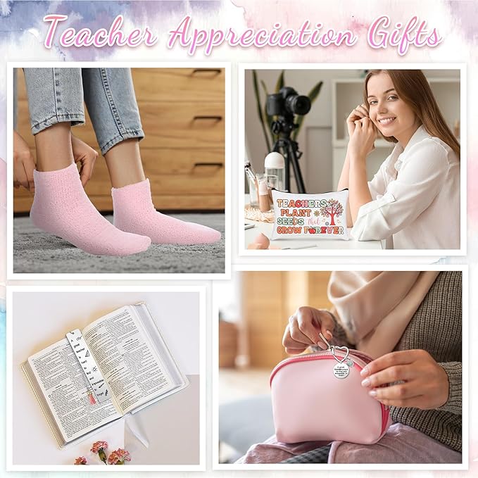 Paterr 24 Pcs Teacher Appreciation Gifts Set End of Year Gifts for Women Bulk Including Socks Makeup Bags Keychain Metal Bookmark for Graduation Birthday(Heart Teaching,Fleece)