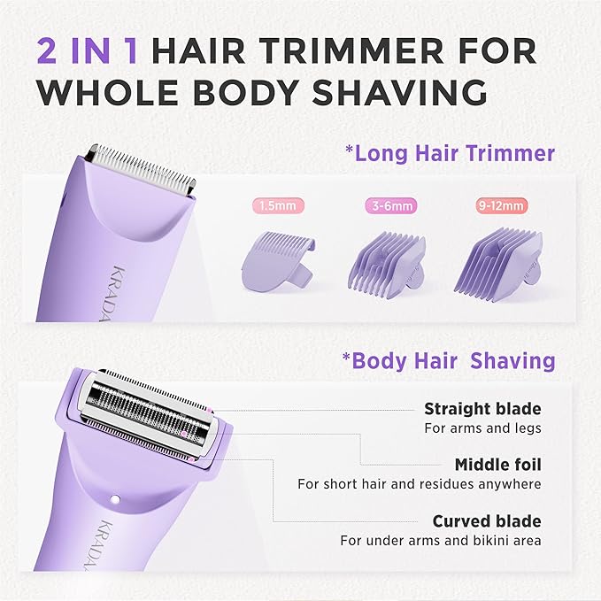 Bikini Trimmer for Women Pubic Hair: Painless Eletctric Razors for Women - Rechargeable Eletctric Shaver Waterproof IPX7 for Body Hair (Wisteria Purple)