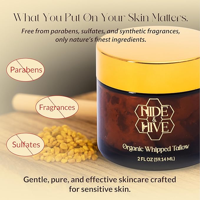 HIDE & HIVE Whipped Tallow Balm – Grass-Fed Moisture for Face, Body & Hands – Organic Beef Tallow for Skin with Royal Jelly & Propolis – Clean, Non-Greasy Balm for Dry, Sensitive Skin