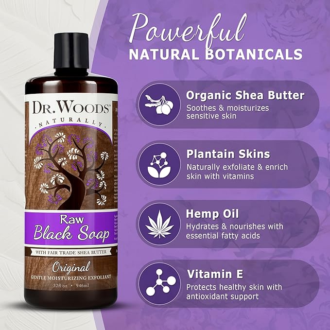 Dr. Woods Raw African Liquid Black Soap - Body Wash for Men and Women, Contains Organic Shea Butter, Gentle Exfoliant, Natural Cleanser for Face, Hands, and Body - 32 Fl Oz, Pack of 2