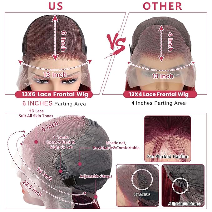 200% Density 32Inch 99j Burgundy Lace Front Wigs Human Hair 13x6 Body Wave Lace Front Wigs Human Hair Pre Plucked Glueless Red Wig Wine Red Lace Front Wigs Human Hair Wigs for Women