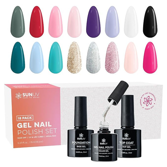 SUNUV Hema Free 16 Color Gel Nail Polish Kit with Base Top Coat,White Black Pink Nude Silver Glitters Gel Polish Set, Manicure Set Salon DIY Home Gift