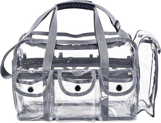 Wide Mouth Large Professional Clear PVC Travel Makeup Artist Set Bag Cosmetic Nails Beauty Bag Transparent Vinyl Tool Organizer Work Bag Beach Bag Diaper Bag with 6 External Pockets & Strap (Grey)