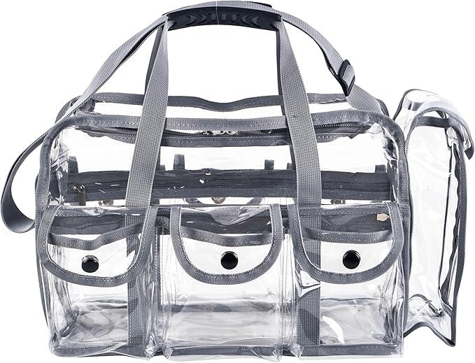 Wide Mouth Large Professional Clear PVC Travel Makeup Artist Set Bag Cosmetic Nails Beauty Bag Transparent Vinyl Tool Organizer Work Bag Beach Bag Diaper Bag with 6 External Pockets & Strap (Grey)